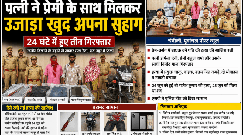 चंदौली – जब इश्क बना मौत की वजह! पत्नी ने प्रेमी संग रची पति की हत्या की साजिश, 24 घंटे में पुलिस ने खोला राज…….जमीन दिखाने के बहाने ले जाकर गला रेता, शव नहर में फेंका; पत्नी, प्रेमी और सहयोगी हुआ गिरफ्तार.……